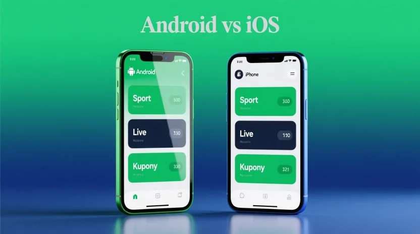 Porównanie aplikacji bukmacherskich na systemach Android i iOS pokazujące różnice w interfejsie i funkcjonalności