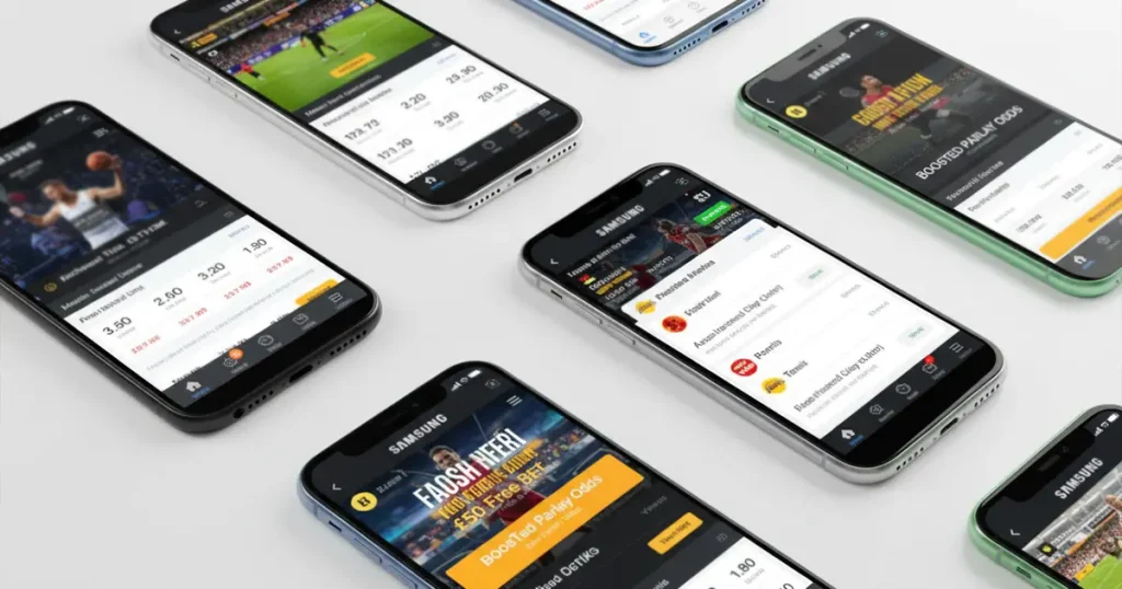Smartfony z aplikacjami bukmacherskimi na ekranach