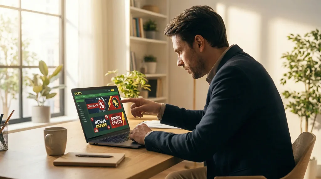 Gracz analizujący oferty cashback na laptopie