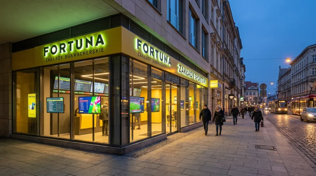 Punkt bukmacherski Fortuna z logo i ekranami wyników sportowych