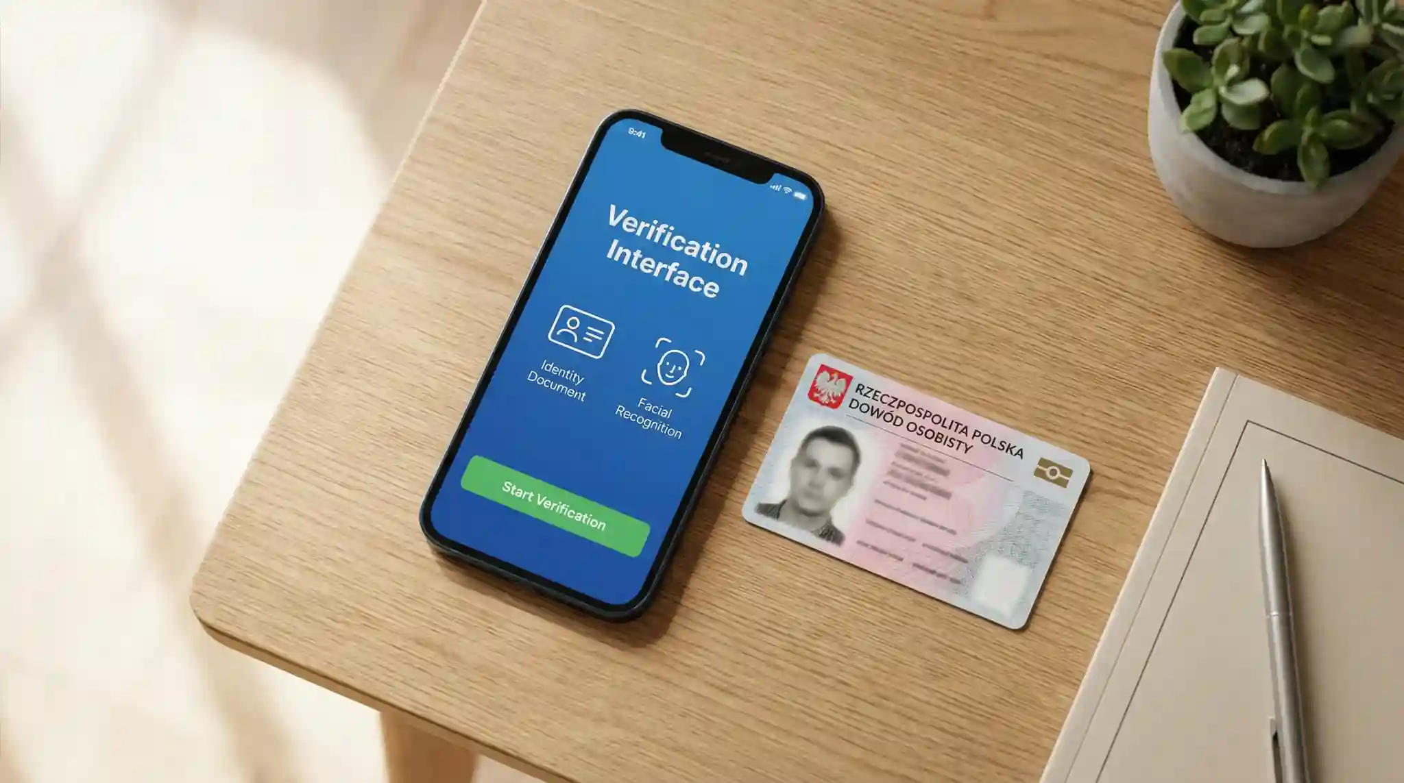 Smartfon z aplikacją mobilną i dokumentem tożsamości obok