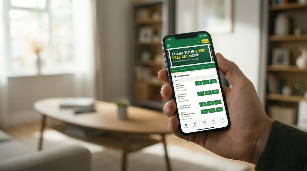Smartfon z aplikacją bukmacherską pokazującą darmowy zakład