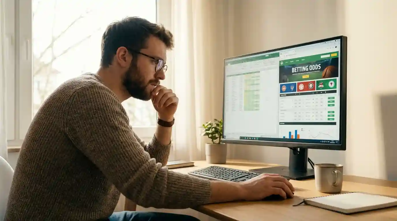 Gracz analizujący zakłady sportowe na laptopie przy biurku