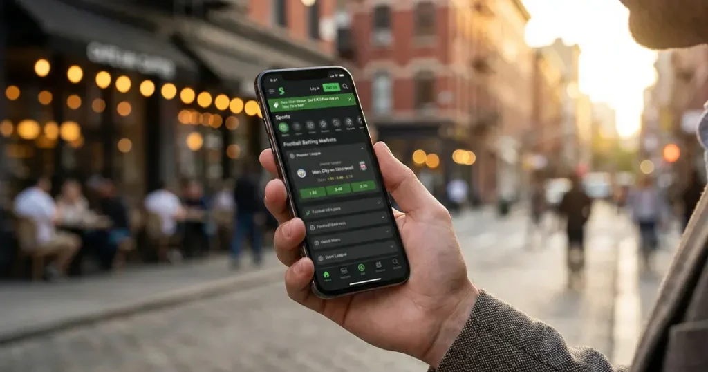 Aplikacja bukmacherska Fuksiarz na smartfonie z ofertą zakładów