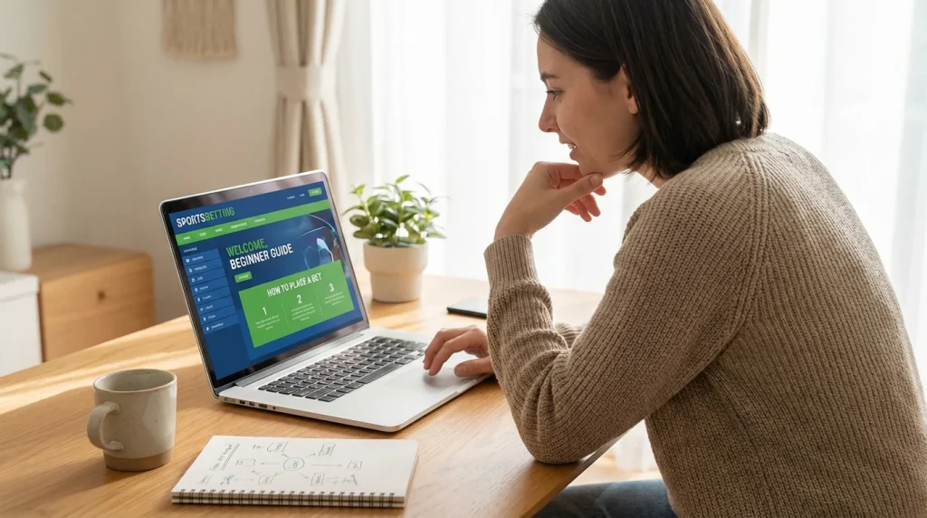 Początkujący gracz poznający zakłady bukmacherskie na laptopie