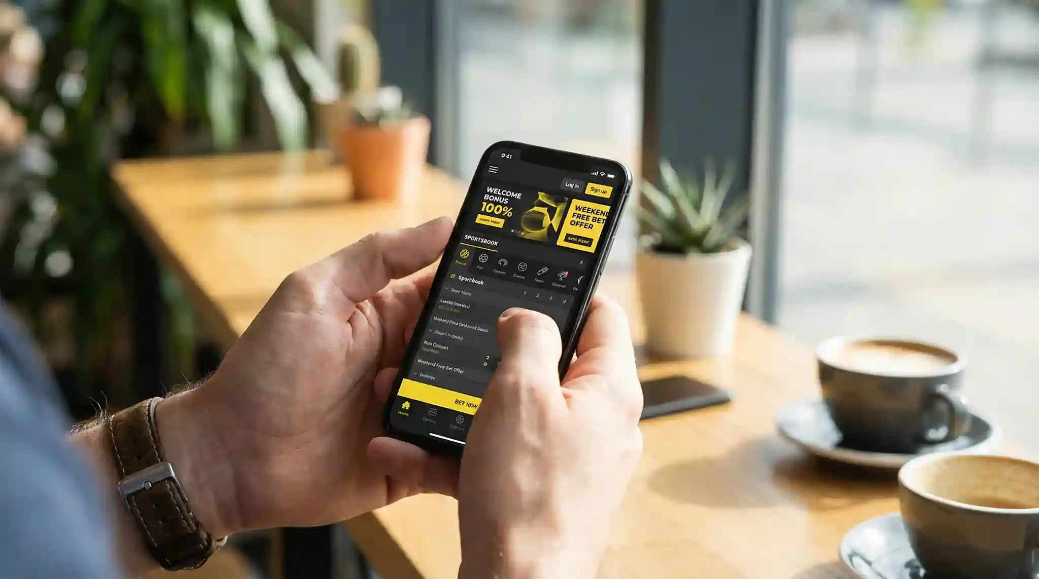 Gracz korzystający z aplikacji mobilnej bukmachera na smartfonie