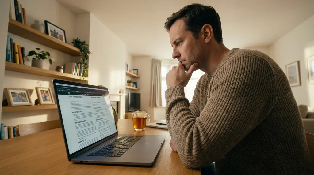 Gracz analizujący warunki bonusu na laptopie