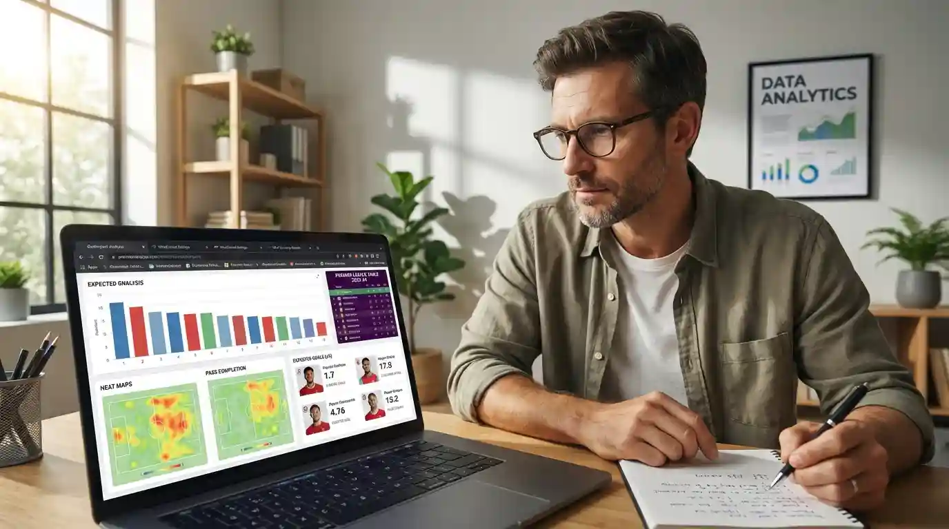 Analiza statystyk piłkarskich na laptopie