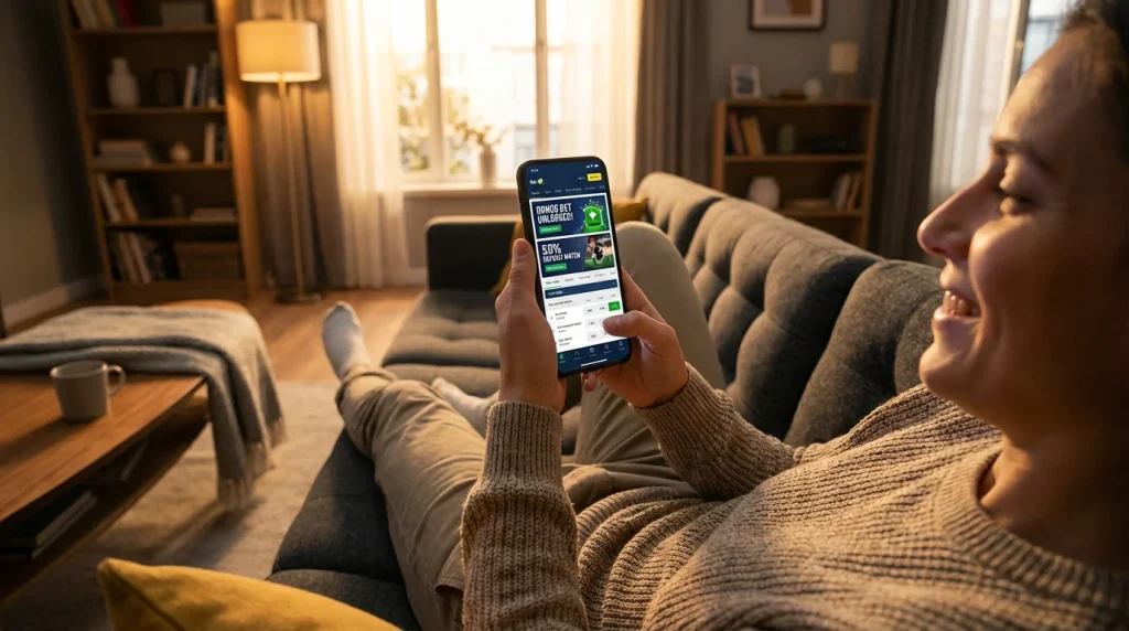 Gracz korzystający z promocji bukmacherskich na smartfonie